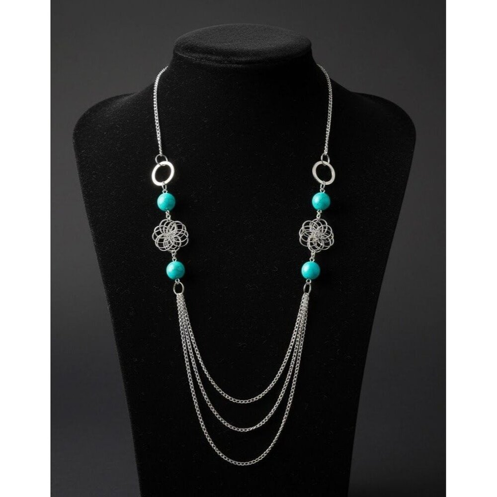 Silver Multi-Strand Layered‎ Statement Necklace | Turquoise Beads & Wire Flowers